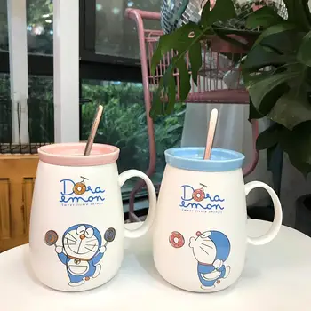 Симпатичная Керамическая Чашка Doraemon Jingle Cat Мультяшная Соломенная Чашка с Крышкой Студенческая Пара, Кружка Большой Емкости