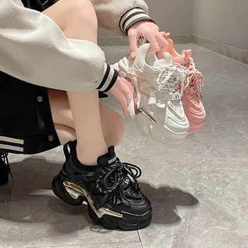 Модная женская спортивная обувь из сетчатого материала на платформе 8 см, весна-осень, Дышащие Массивные кроссовки, Женская повседневная обувь на толстой подошве на шнуровке