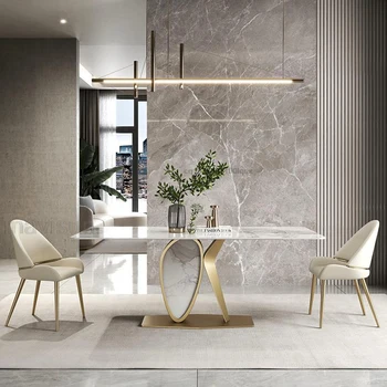 Золотой длинный Обеденный стол 1,8 м, светлая роскошная современная кухня, Высококлассный Дизайнерский Прямоугольный белый Ресторанный стол и стулья