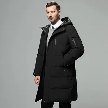 Зимние мужские Однотонные теплые парки с капюшоном, Хлопковая куртка, Мужской Длинный карман на молнии, Толстое повседневное пальто, Модная верхняя одежда