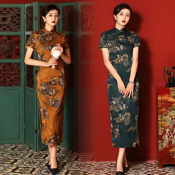 Элегантное Летнее Китайское Женское Платье Ципао из Атласа с Принтом 