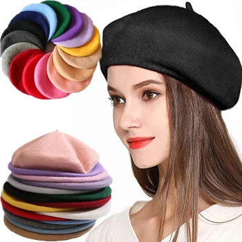 Винтажный Однотонный берет, шапочка-Бини, французский стиль, женская шерстяная теплая зимняя шапка Для девочек, женские шапки, Кепки, Уличная мода