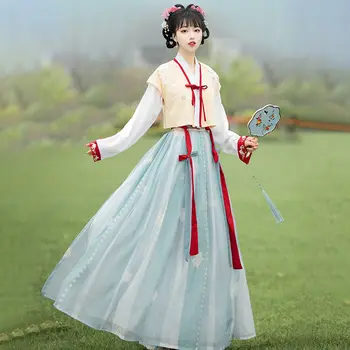 Женская Оригинальная Плиссированная юбка Hanfu в стиле Тан Длиной до талии, Полный комплект на каждый день в китайском стиле, Древняя одежда, Весна