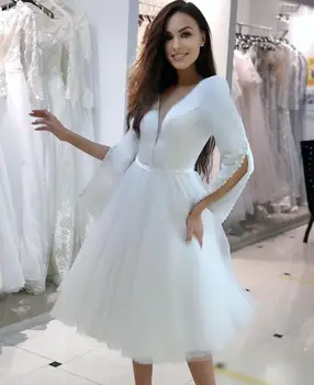 Новое свадебное платье 2021, Короткие Свадебные платья из белого атласа и тюля с длинным рукавом, Сексуальное Женское платье с глубоким V-образным вырезом, длина до щиколоток, великолепное