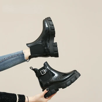 Новые женские модные Непромокаемые ботинки на толстом каблуке с эластичной резинкой, водонепроницаемые непромокаемые ботинки, Короткие Резиновые сапоги, Мотоциклетные ботинки