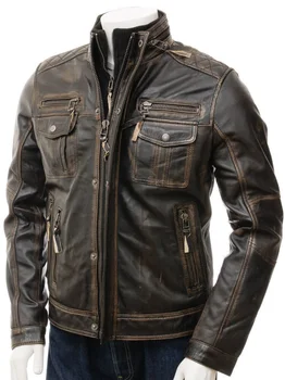 Мужская кожаная куртка с винтажными потертыми швами Cafe Racer из воловьей кожи, пальто из натуральной кожи, Мотоциклетная верхняя одежда