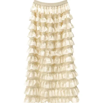 Весенние новые Женские однотонные юбки с высокой талией, многослойные оборки, Повседневная Длинная юбка из шифона