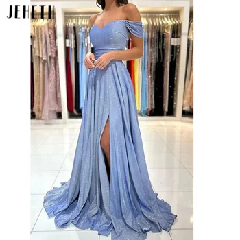 JEHETH/Синие Платья для выпускного Вечера с открытыми плечами Для Девочек, Вечерние Платья с разрезом по бокам, Стреловидный Шлейф, vestidos de fiesta elegantes para mujer