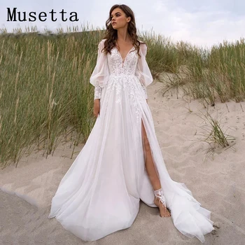 Простые свадебные платья Musetta Beach с V-образным вырезом 2023, Пышные рукава, Высокий разрез, Свадебное платье без спинки, Кружевная аппликация, Тюлевый халат De Mariée