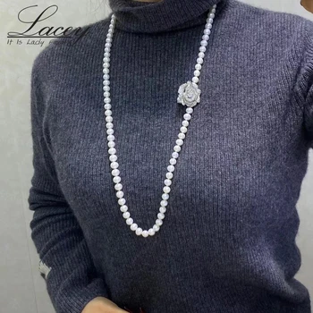 Длинное ожерелье из пресноводного жемчуга для женщин, белое ожерелье из настоящего жемчуга, Свадебный Модный Свитер, ожерелье в подарок