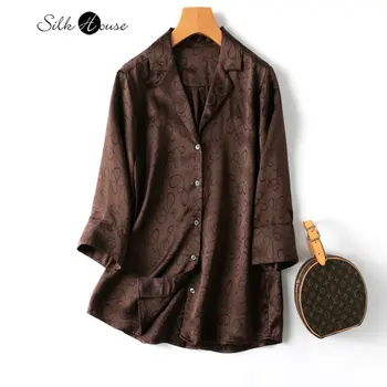 Темно-коричневый шелковый жаккардовый костюм из тутового атласа с рукавом три четверти, женская модная весенняя рубашка из шелка тутового цвета