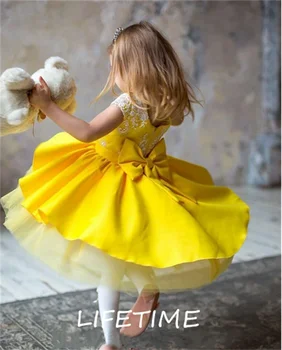 Желтое атласное платье с цветочным узором для девочек, Платья для Вечеринки в честь Дня рождения для маленьких девочек, Пышная юбка, Платья Принцессы Фотография