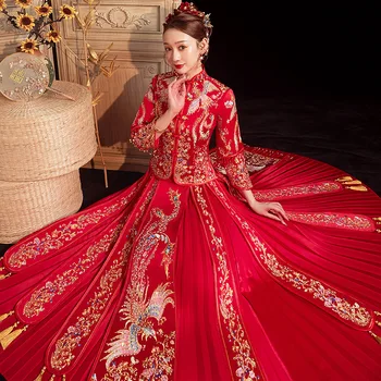Китайское Традиционное Свадебное платье Изысканные Стразы, Вышивка Феникса, Одежда Невесты Чонсам, Платье Ципао