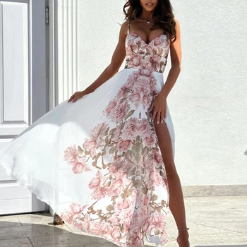 Летнее Вечернее платье с V-образным вырезом и цветочным принтом, Сексуальное женское длинное платье без рукавов с открытой талией, Повседневное пляжное платье с высоким разрезом, Vestidos