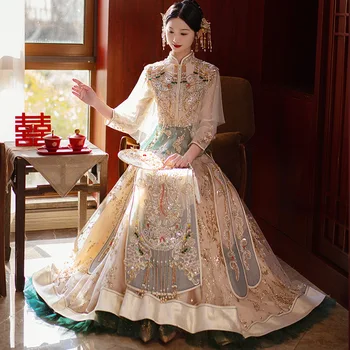 Китайское свадебное платье с блестками цвета шампанского в китайском стиле, Винтажный Традиционный ретро Чонсам, женские кисточки, расшитые бисером, Ципао