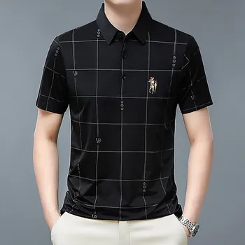 Мужская летняя рубашка поло с вышивкой, повседневная деловая рубашка поло в клетку, футболка с рисунком для гольфа, мужская одежда для гольфа