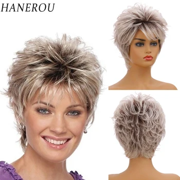 HANREROU Синтетический короткий парик с волнистой вьющейся челкой, натуральный женский парик, термостойкий для косплея на каждый день