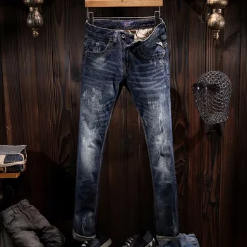 Итальянские Дизайнерские Модные Мужские джинсы Высокого Качества в стиле Ретро, Синие, эластичные, облегающие Рваные джинсы, Мужские Винтажные брюки, Джинсовые брюки Hombre