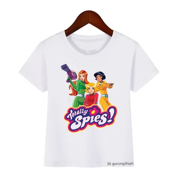 Футболка Kawaii для девочек, забавная футболка Totally Spies! Футболка с мультяшным принтом, одежда для девочек, модная детская рубашка в стиле Харадзюку, белые топы на бретелях