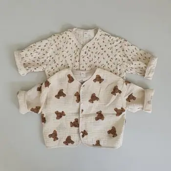 Весенне-новый летний хлопковый льняной кардиган для маленьких девочек, куртка для мальчиков с милым медведем, модное тонкое пальто с вишневым принтом для девочек, топы для малышей