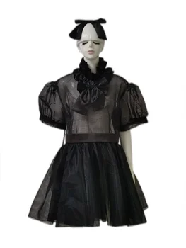 Французская Сисси Горничная с замком, Милое пушистое готическое черное платье из органзы, униформа для ролевых игр, костюм на заказ