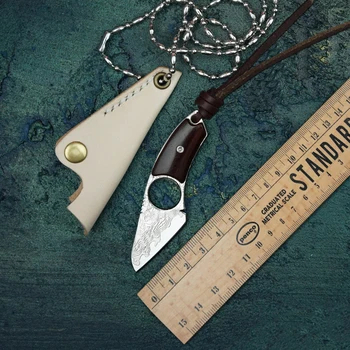Ручной работы из дамасской стали EDC нож с рисунком стальной мини-нож ожерелье нож мини-брелок с фиксированным лезвием нож с кожаными ножнами