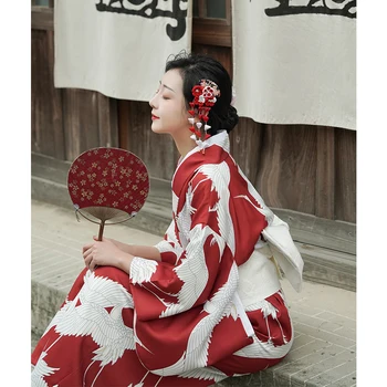 Женское японское традиционное кимоно в стиле ретро с принтом журавля, Длинное платье, Карнавальный костюм, платье для выступлений, Халат