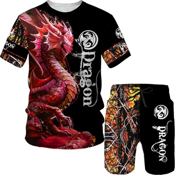 Летний комплект, мужская винтажная футболка и шорты с 3D-принтом дракона, уличная одежда большого размера, высокое качество, 2 предмета XXS-6XL