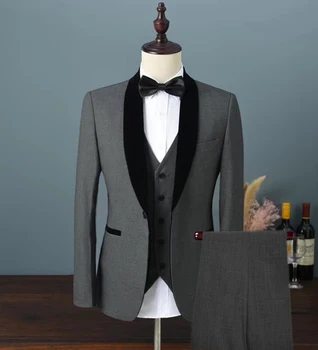 2020 Мужской Бархатный костюм, комплект из 3 предметов, приталенный, с шалью на одной пуговице, с лацканами, Смокинги для Жениха, Блейзеры для Свадьбы, вечеринки (Блейзер + жилет + Брюки)