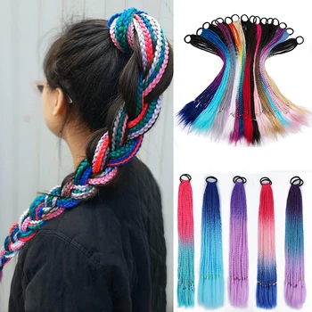 24-дюймовый синтетический плетеный хвост цвета радуги для девочек, эластичная резинка для волос, 60 см, косичка для наращивания волос в виде конского хвоста