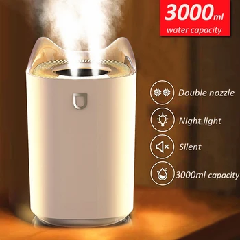 Домашний увлажнитель воздуха 3000 мл с двойной насадкой, ароматический диффузор холодного тумана с цветной светодиодной подсветкой, ультразвуковой USB Humidificador