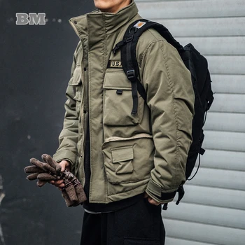 Зимние модные теплые парки Корейская тактическая мужская куртка с подкладкой Одежда Harajuku Повседневные пальто Kpop Топы с несколькими карманами Мужские