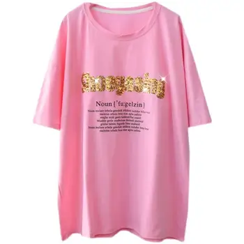 Женская футболка из чистого хлопка Размера Плюс 2022, Новая Летняя футболка с золотым буквенным принтом и короткими рукавами, универсальные Женские Рубашки