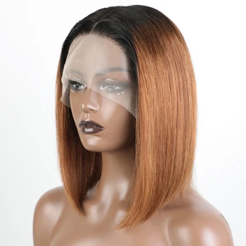Короткие Парики из человеческих волос Для женщин, Кружевные парики коричневого цвета с черными корнями, Прозрачные Кружевные Бразильские парики
