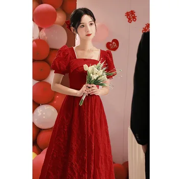 Жаккардовое Китайское Женское Бордовое платье с квадратным воротником, Ципао с жемчугом, Винтажное платье Невесты Трапециевидной формы с коротким рукавом и пуговицами
