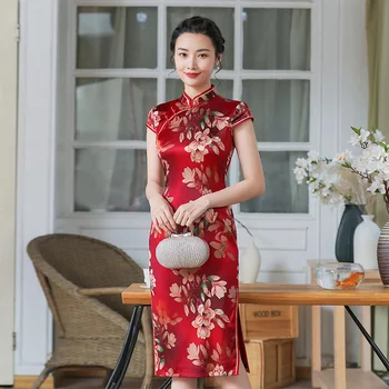 Красное китайское традиционное платье Ципао, Женское платье с воротником-стойкой, Vestidos, ретро вечернее платье с разрезом сбоку, Винтажная пуговица, Чонсам