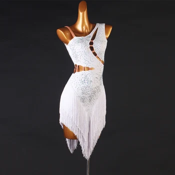 Юбка для латиноамериканских танцев, Женское элегантное белое платье для латиноамериканских танцев с кисточками, стандартное платье для взрослых Румба Самба, платье для латиноамериканских танцев