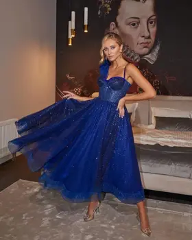 Royal Blue Glitter Tulle Prom Dresses Bow Straps Sweetheart Ankle Length Evening Girls Pageant Gowns платье на выпускной 2023