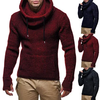 Новый зимний повседневный однотонный пуловер с воротником из ворса и завязками, свитер для мужчин
