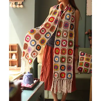 Женские шарфы Fugusen, шарфы ручной работы, женская выдолбленная шерстяная шаль с художественным принтом, прямоугольный шарф с кисточками, женские топы