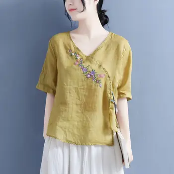 2023 китайский традиционный тонкий хлопковый льняной топ, женская рубашка со свободным рукавом в этническом стиле с вышивкой в стиле ретро, женская винтажная блузка hanfu