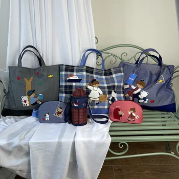 Знакомая женская сумка Lesportsac, Мультяшный рюкзак большой емкости, Джинсовая сумка с ручной вышивкой, сумка-тоут, сумка для хранения 583701