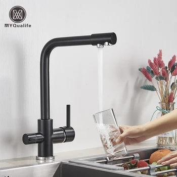 Кухонный кран с чистой водой из матовой черной латуни, двойная ручка, горячая и холодная питьевая вода, 3-полосный фильтр, Кухонные очищенные смесители