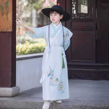 Китайская традиционная одежда для сцены с вышивкой синего журавля для мальчиков, детская одежда Hanfu, детский костюм Tang