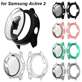 Закаленное Стекло + Чехол для Samsung Galaxy Watch Active 2 44 мм 40 мм Полное Покрытие Бампера Защитный Чехол Протектор экрана