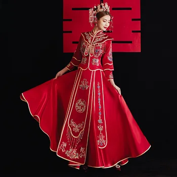 Красный Костюм Невесты с вышивкой бисером, Элегантное Свадебное платье с пайетками, Винтажный Традиционный китайский женский свадебный комплект