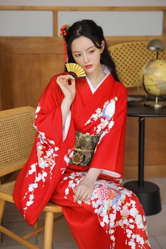 Женское Традиционное японское Кимоно красного цвета с цветочным принтом, Юката, Винтажное платье для выступлений, костюм для Косплея V3005