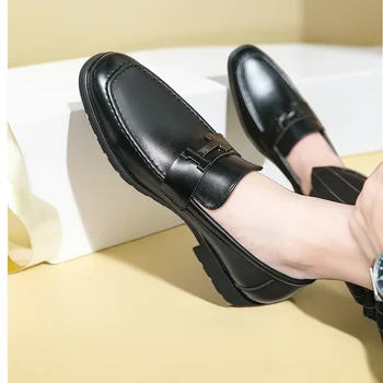 Новые черные мужские лоферы, коричневые однотонные деловые оксфордские туфли без застежки с квадратным носком, Размер 38-48, Бесплатная доставка