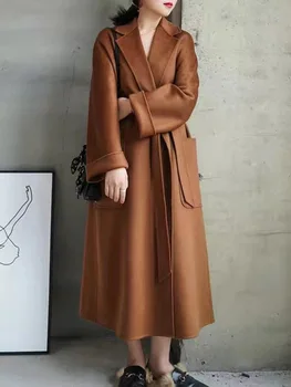 Женский двусторонний шерстяной халат с рябью от воды, плюс длинное стильное пальто, шерсть, осень, зима