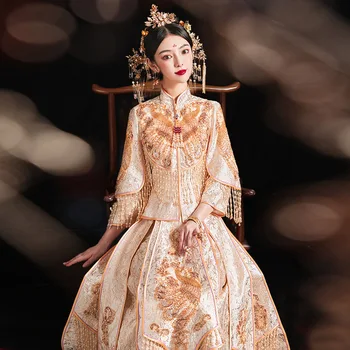3 Модели, Свадебное Лето 2022, Новая китайская одежда, Традиционное Свадебное платье, Золотой Темперамент, Платье Подружки Невесты, Костюм